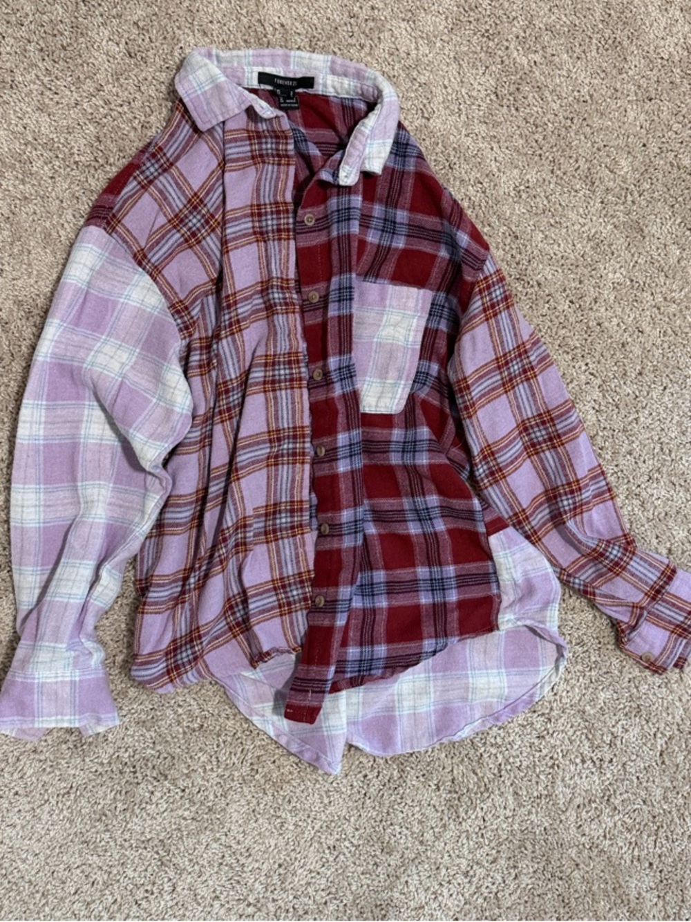 Forever 21 Two-Tone Plaid Button-Down Shirt in Red and Pink
